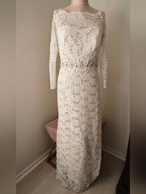 NWT Cindy Collection White Lace Sequin Wedding Dress Medium Modest Long Sleeve